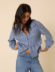 Blue Pointelle Collared Knitted Cardigan