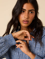 Blue Pointelle Collared Knitted Cardigan