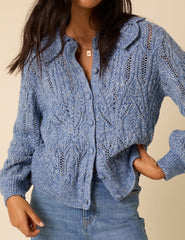 Blue Pointelle Collared Knitted Cardigan