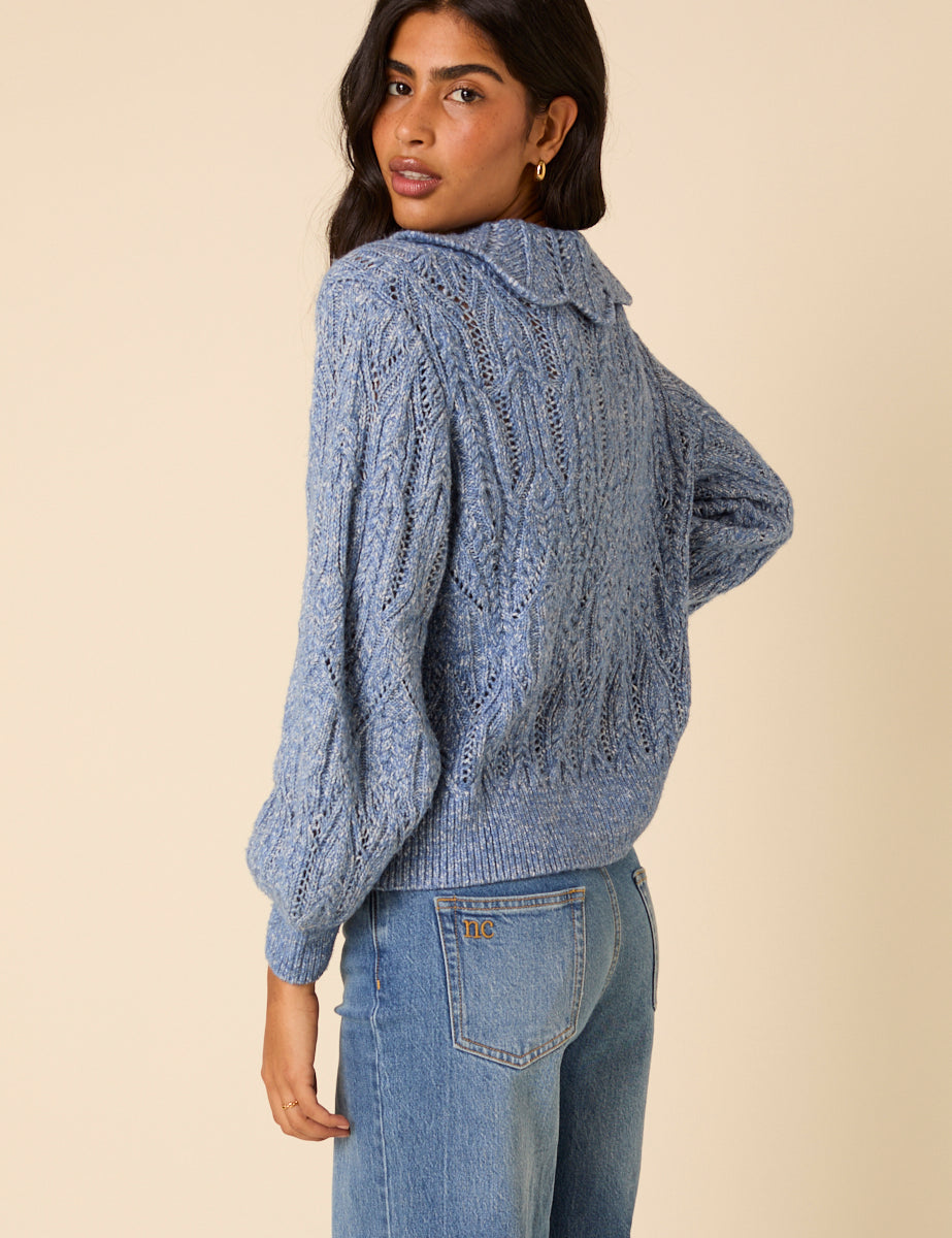 Blue Pointelle Collared Knitted Cardigan