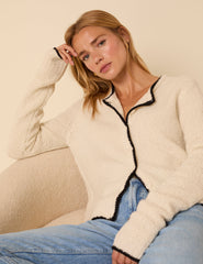 White Contrast Trim Wool Blend Boucle Cardigan