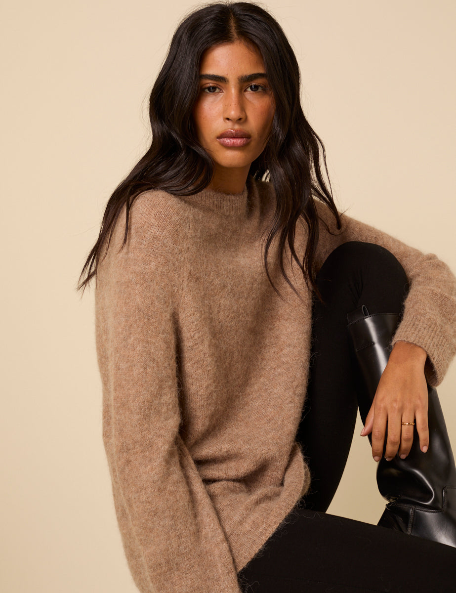 Brown Fluffy Alpaca and Wool Blend Oversized Jumper