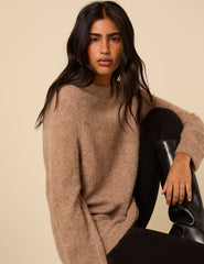 Brown Fluffy Alpaca and Wool Blend Oversized Jumper