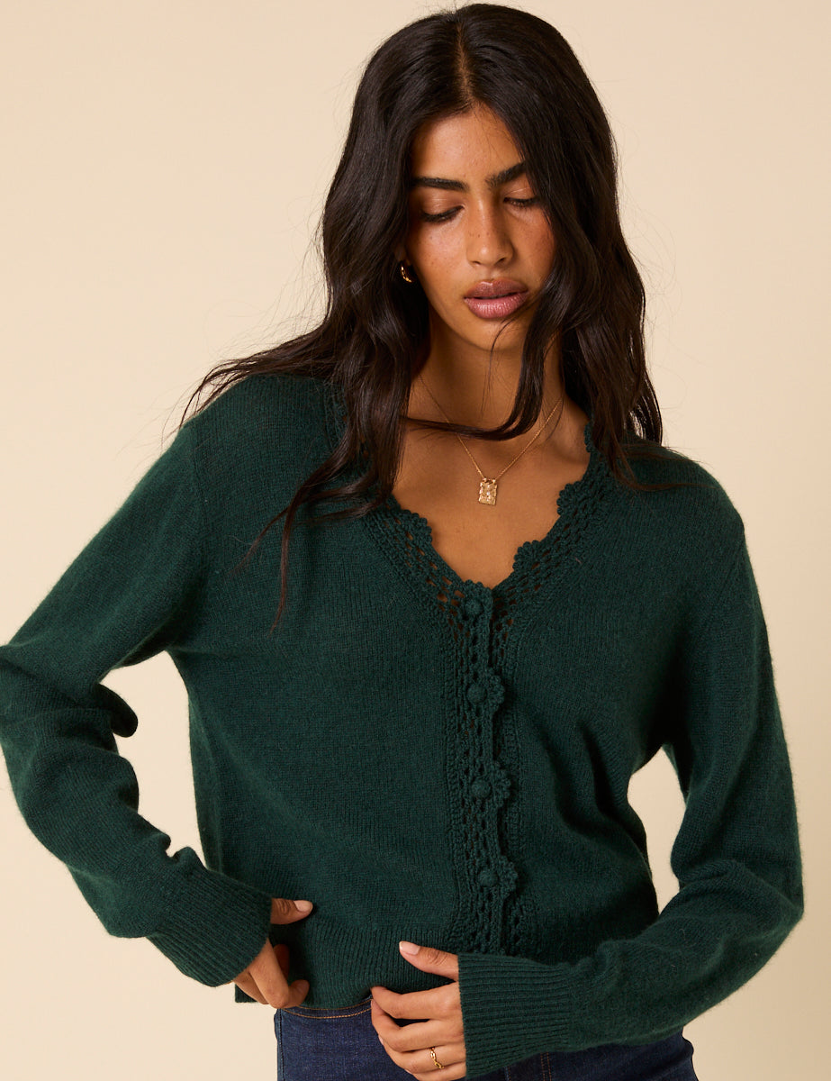 Green Crochet Trim V-Neck Knitted Cardigan