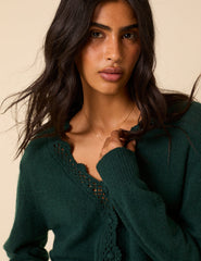 Green Crochet Trim V-Neck Knitted Cardigan