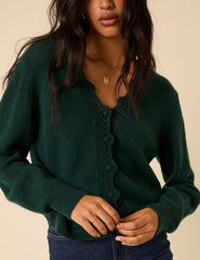 Green Crochet Trim V-Neck Knitted Cardigan