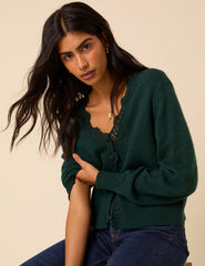 Green Crochet Trim V-Neck Knitted Cardigan