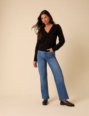 Black Wool Blend Pointelle Knitted Cardigan