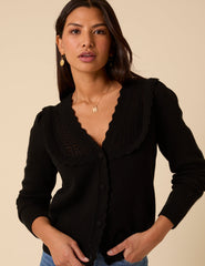 Black Wool Blend Pointelle Knitted Cardigan