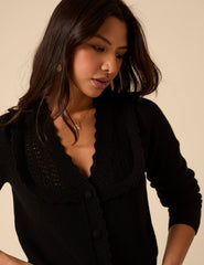 Black Wool Blend Pointelle Knitted Cardigan