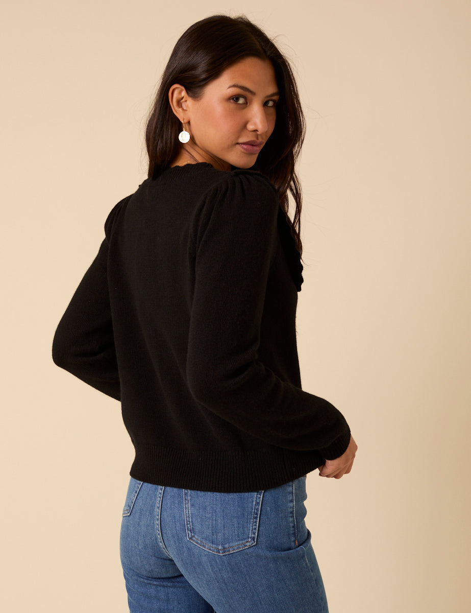 Black Wool Blend Pointelle Knitted Cardigan