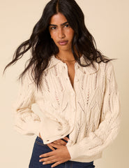 White Pointelle Collared Knitted Cardigan