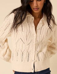 White Pointelle Collared Knitted Cardigan