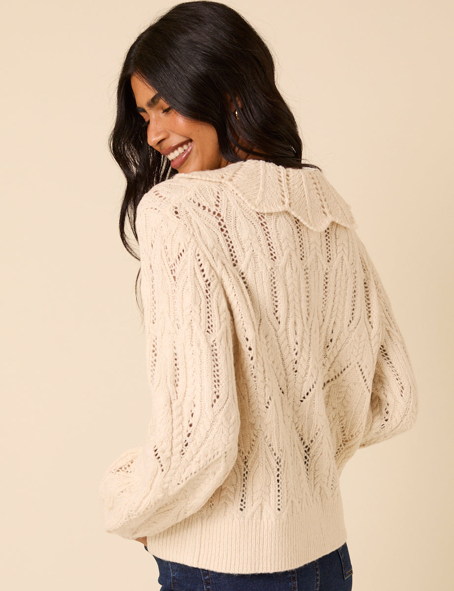 White Pointelle Collared Knitted Cardigan