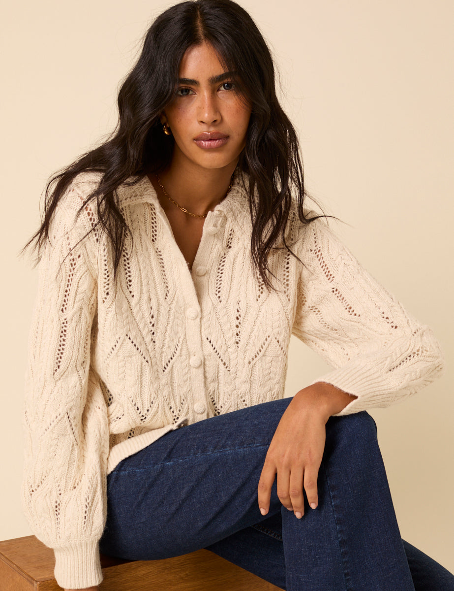 White Pointelle Collared Knitted Cardigan