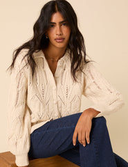 White Pointelle Collared Knitted Cardigan