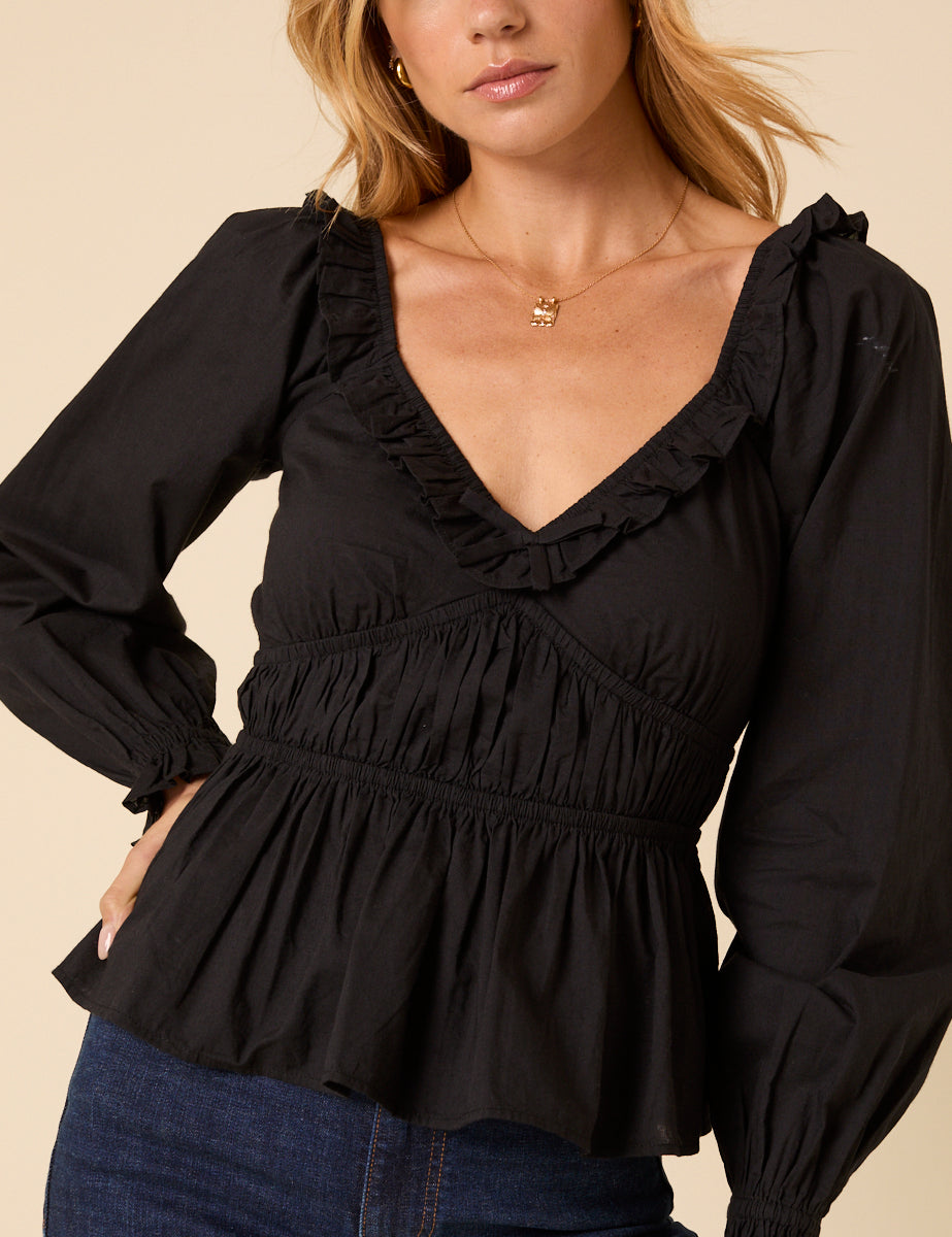 Black Ruffle Long Sleeve Top