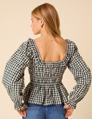 Green Gingham Shirred Top