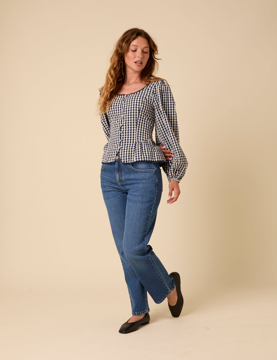 Navy Gingham Scoop Neck Blouse