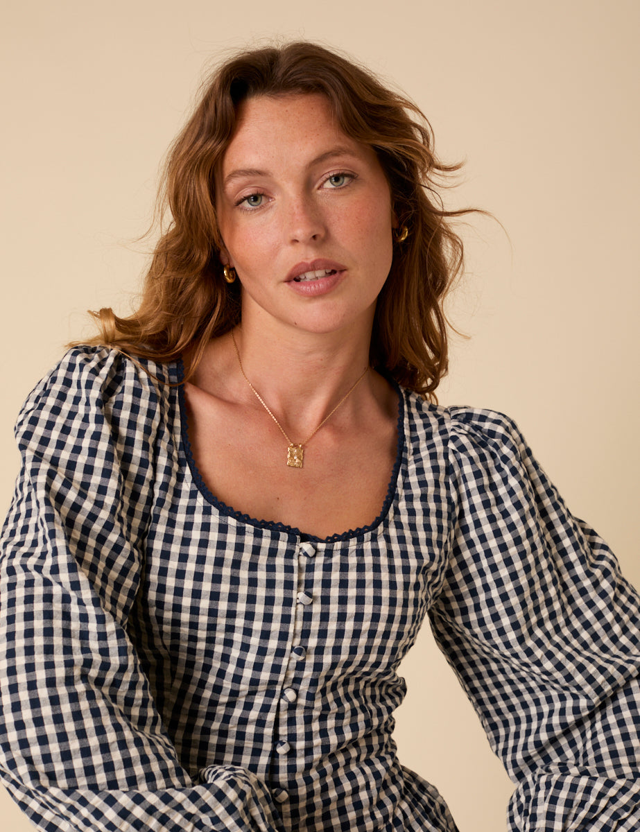 Navy Gingham Scoop Neck Blouse