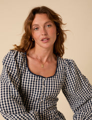 Navy Gingham Scoop Neck Blouse