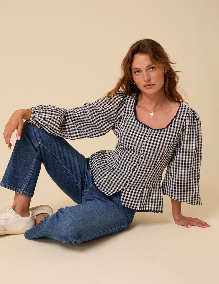 Navy Gingham Scoop Neck Blouse