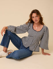 Navy Gingham Scoop Neck Blouse