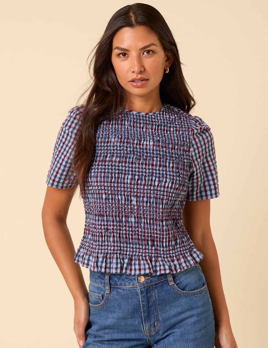 Blue Check Shirred Top