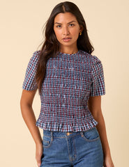 Blue Check Shirred Top