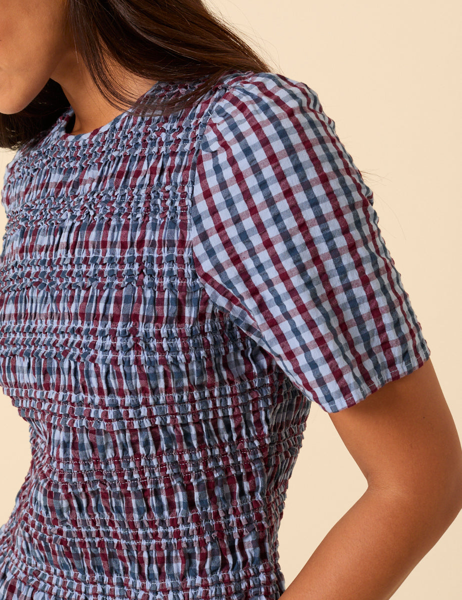 Blue Check Shirred Top