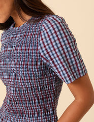 Blue Check Shirred Top