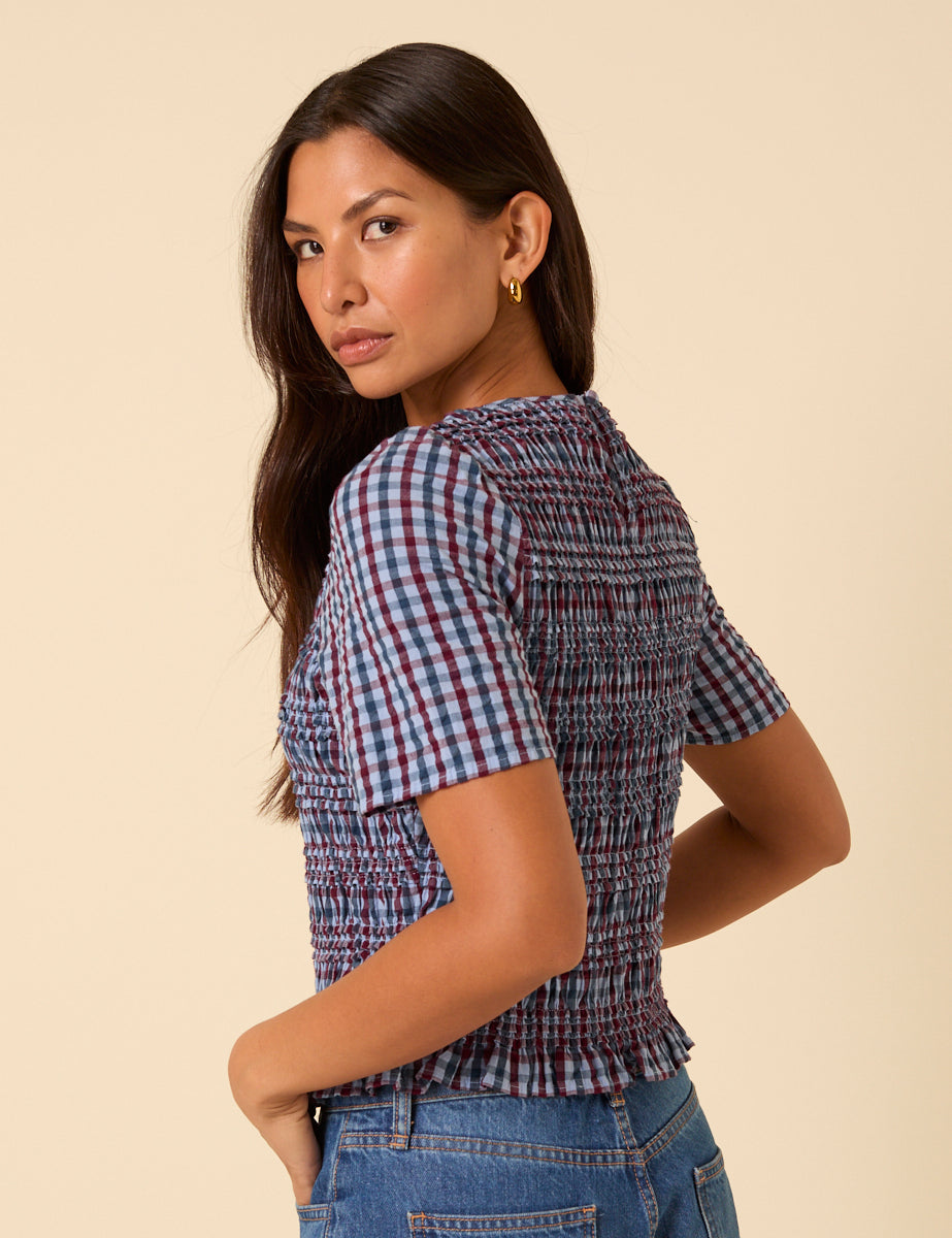 Blue Check Shirred Top