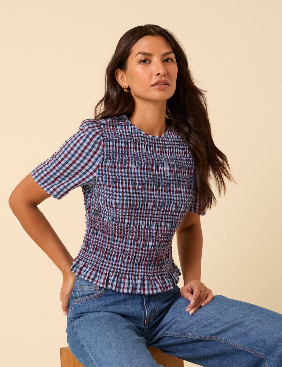 Blue Check Shirred Top
