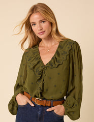 Green Embroidered Ruffle Collar Long Sleeve Blouse