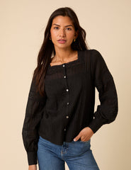 Black Long Sleeve Lace Trim Blouse