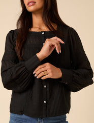 Black Long Sleeve Lace Trim Blouse