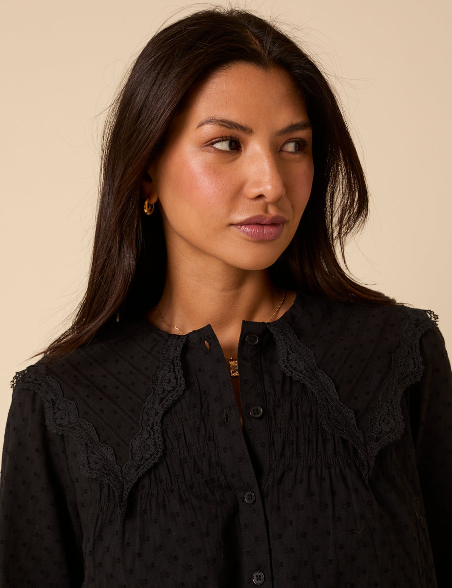 Black Embroidered Peter Pan Collar Blouse