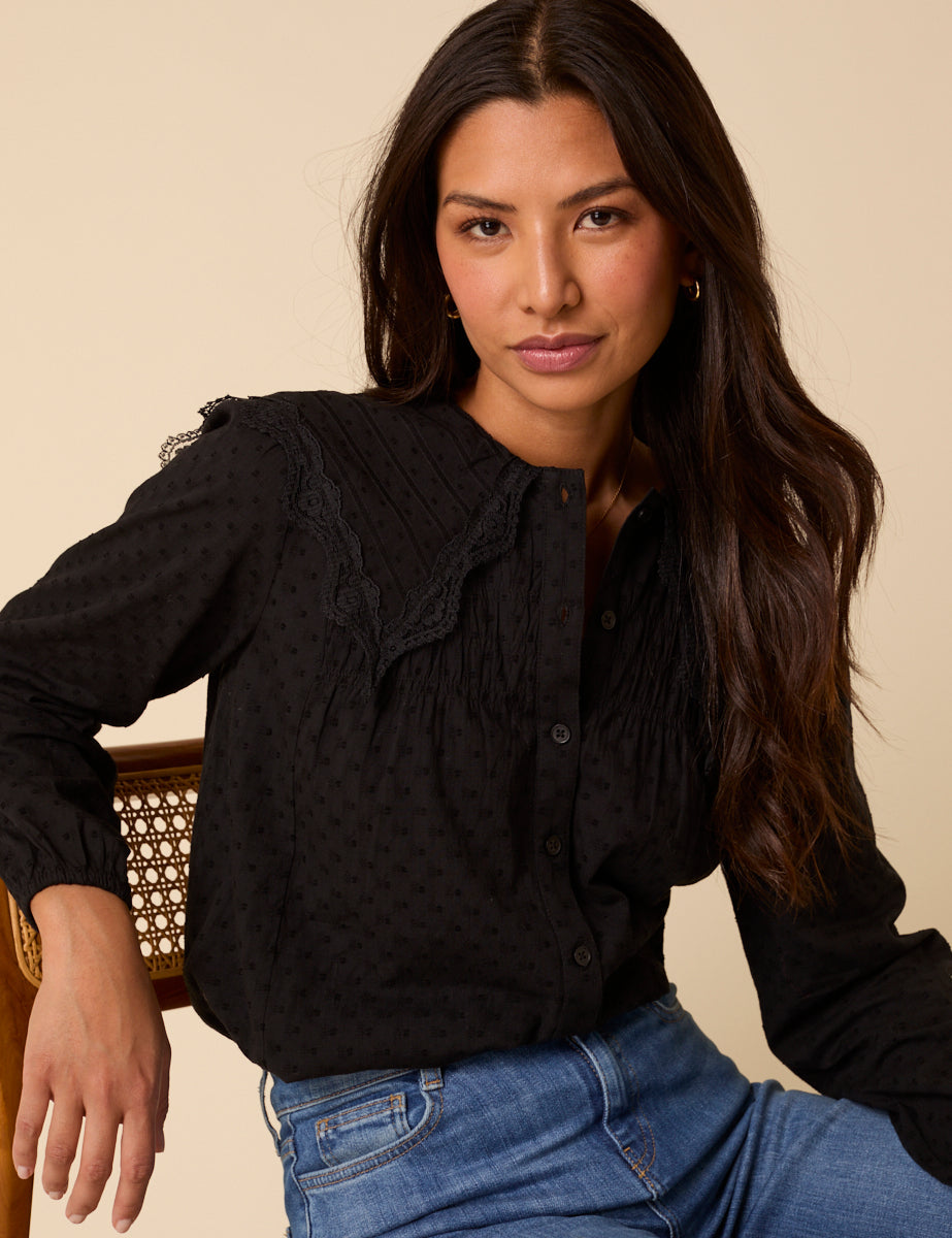 Black Embroidered Peter Pan Collar Blouse