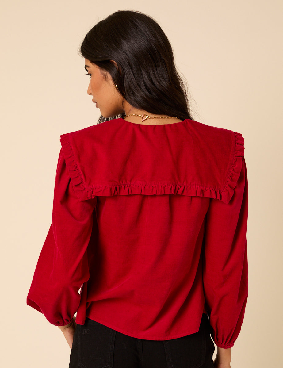 Red Cord Oversized Ruffle Collar Blouse