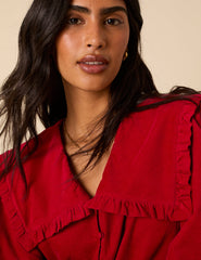 Red Cord Oversized Ruffle Collar Blouse