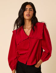 Red Cord Oversized Ruffle Collar Blouse