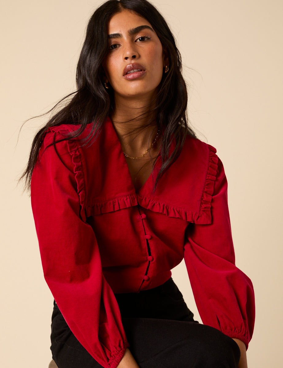 Red Cord Oversized Ruffle Collar Blouse