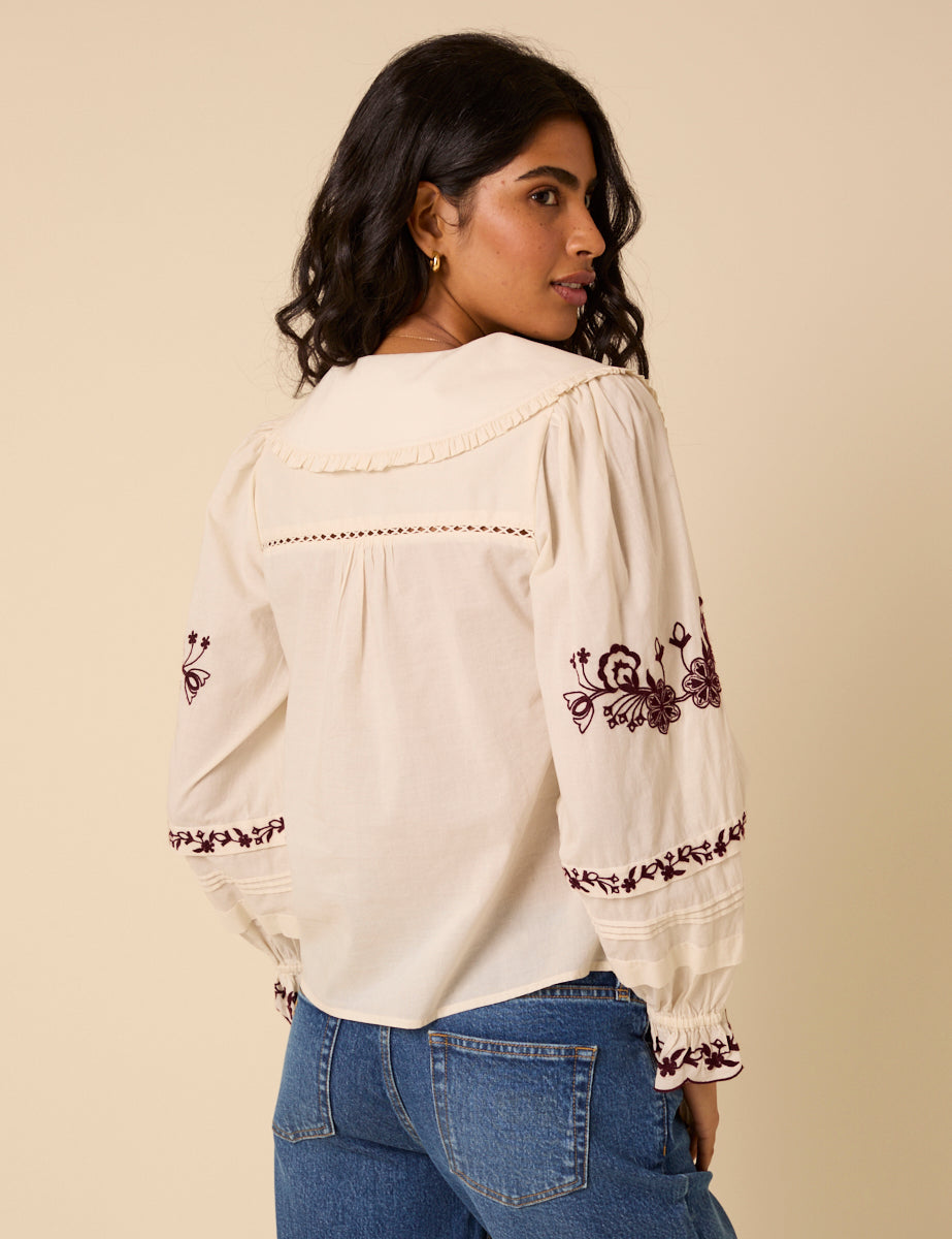 White Floral Embroidered Blouse