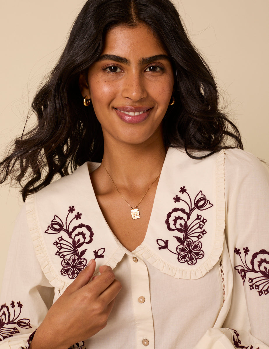 White Floral Embroidered Blouse