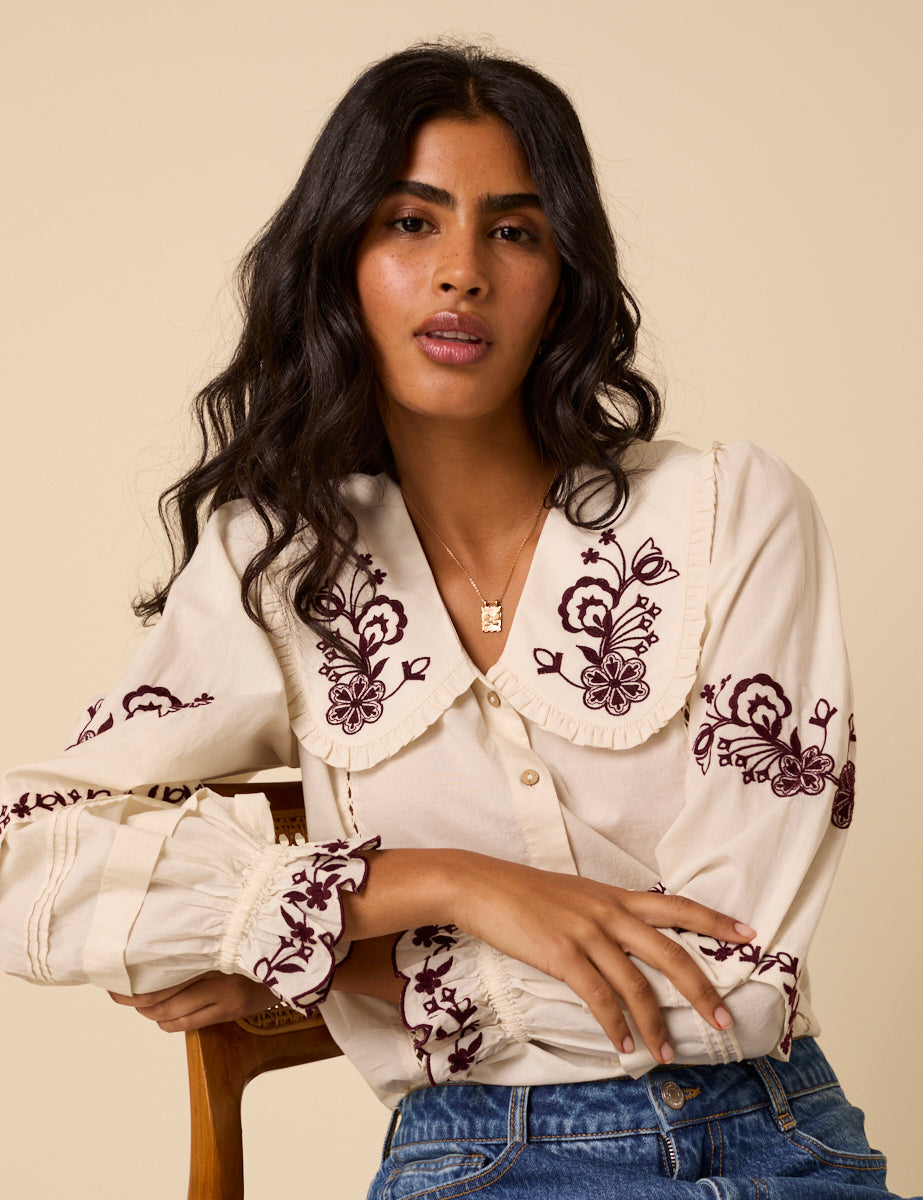 White Floral Embroidered Blouse