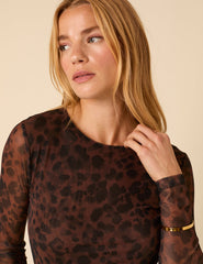 Brown Leopard Print Mesh Top