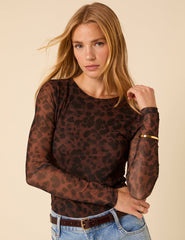 Brown Leopard Print Mesh Top