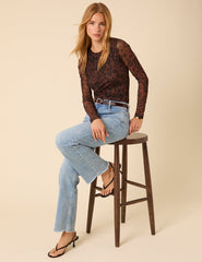 Brown Leopard Print Mesh Top