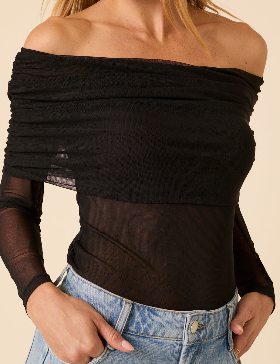 Black Off Shoulder Mesh Top