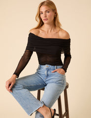 Black Off Shoulder Mesh Top